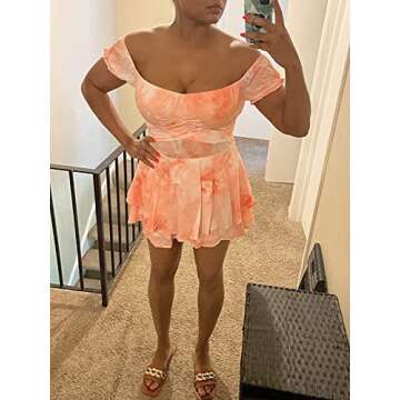 Fixmatti Women Bohemian Tie Dye Cold Shoulder Chiffon Jumpsuit Ruffle Shorts Colorful Playsuit Orange S