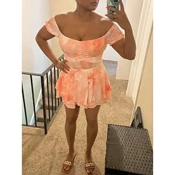 Fixmatti Women Bohemian Tie Dye Cold Shoulder Chiffon Jumpsuit Ruffle Shorts Colorful Playsuit Orange S
