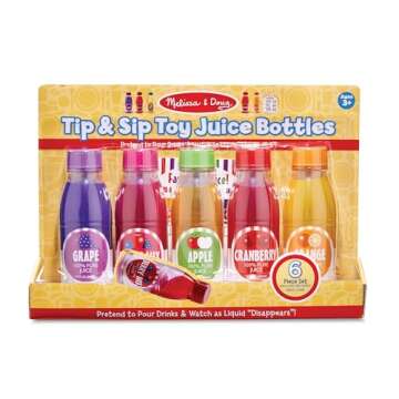 Melissa & Doug Tip & Sip Toy Juice Bottles and Activity Card (6 Pcs) Pretend Play Food Set, Play Kitchen Food For Ages 3+