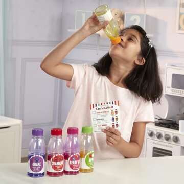 Melissa & Doug Tip & Sip Toy Juice Bottles and Activity Card (6 Pcs) Pretend Play Food Set, Play Kitchen Food For Ages 3+