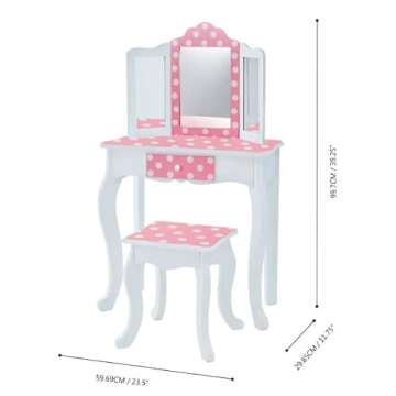 Teamson Kids Princess Gisele Polka Dot Print 2-Piece Kids Wooden Play Vanity Set with Vanity Table, Tri-Fold Mirror, Storage Drawer, and Matching Stool, White with White/Pink Polka Dot Accent