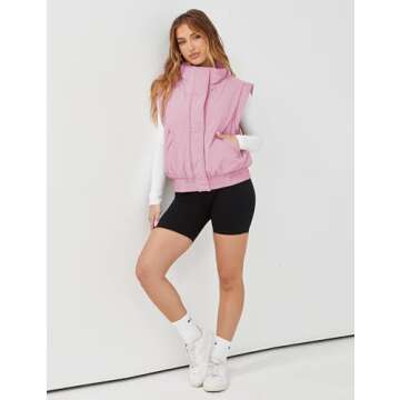 Athlisan Womens Cropped Puffer Vest Stand Collar Sleeveless Padded Gilet Vest with Pockets(Pink-XS)