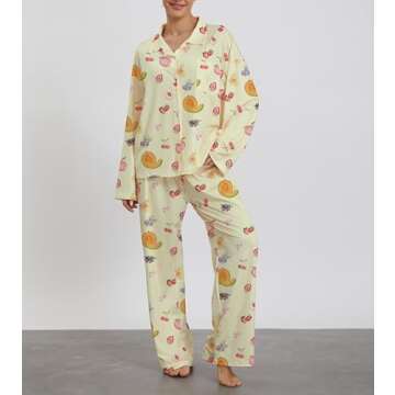 Women 2 Piece Floral Pajamas Lounge Set Y2k Long Sleeve Button Down Shirts Wide Leg Pants Pjs Matching Sets Fall Sleepwear 24_Papaya_Yellow,Large