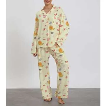 Women 2 Piece Floral Pajamas Lounge Set Y2k Long Sleeve Button Down Shirts Wide Leg Pants Pjs Matching Sets Fall Sleepwear 24_Papaya_Yellow,Large
