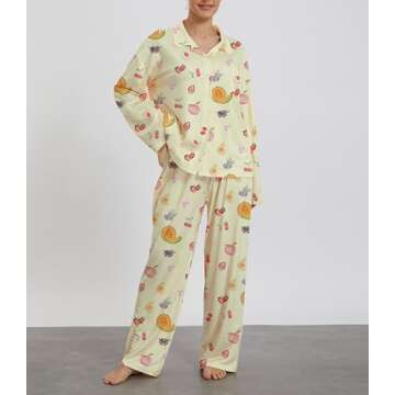 Women 2 Piece Floral Pajamas Lounge Set Y2k Long Sleeve Button Down Shirts Wide Leg Pants Pjs Matching Sets Fall Sleepwear 24_Papaya_Yellow,Large