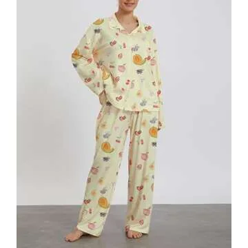 Women 2 Piece Floral Pajamas Lounge Set Y2k Long Sleeve Button Down Shirts Wide Leg Pants Pjs Matching Sets Fall Sleepwear 24_Papaya_Yellow,Large