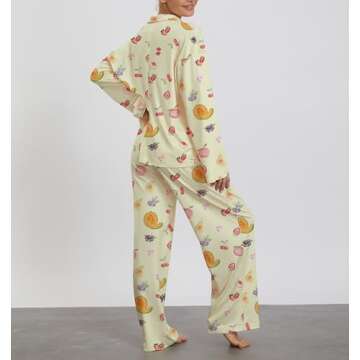 Women 2 Piece Floral Pajamas Lounge Set Y2k Long Sleeve Button Down Shirts Wide Leg Pants Pjs Matching Sets Fall Sleepwear 24_Papaya_Yellow,Large