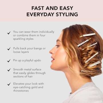 Kitsch Rhinestone Hair Accessories for Women - Gold Hair Pins | Stylish and Decorative Bobby Pins for Weddings, Party, Events or Everyday Look - Set of 4, Gold with Assorted Design