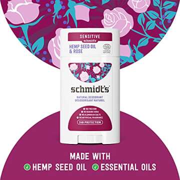Schmidt's Aluminum Free Natural Deodorant for Women and Men, Hemp Seed Oil & Rose for Sensitive Skin with 24 Hour Odor Protection, Vegan, Cruelty Free 3.25 oz(Packaging may vary)