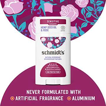 Schmidt's Aluminum Free Natural Deodorant for Women and Men, Hemp Seed Oil & Rose for Sensitive Skin with 24 Hour Odor Protection, Vegan, Cruelty Free 3.25 oz(Packaging may vary)