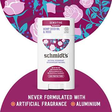 Schmidt's Aluminum Free Natural Deodorant for Women and Men, Hemp Seed Oil & Rose for Sensitive Skin with 24 Hour Odor Protection, Vegan, Cruelty Free 3.25 oz(Packaging may vary)