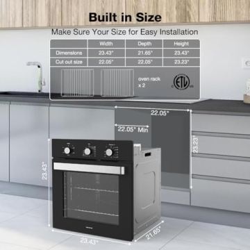 24 Inch Single Wall Oven, ETL Certified, thermomate 2.79 Cu. Ft. Built-in Electric Wall Oven with 5 Cooking Functions, Built-in Ovens with Mechanical Knobs Control, Black Tempered Glass Finish