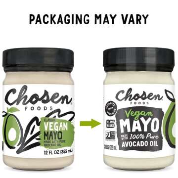 Chosen Foods Classic Vegan Avocado Oil-Based Mayonnaise, Gluten & Dairy Free, Low-Carb, Keto & Paleo Diet Friendly, Mayo for Sandwiches, Dressings and Sauces (12 fl oz)