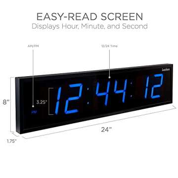Ivation Huge 24" Inch Large Big Oversized Digital LED Clock with Stopwatch, Alarms, Countdown Timer & Temp - Shelf or Wall Mount (Blue) | 6-Level Brightness, Mounting Holes & Hardware