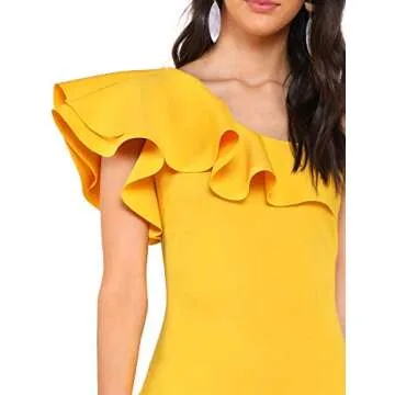 Floerns Women's Ruffle One Shoulder Party Cocktail Bodycon Pencil Dress Yellow L