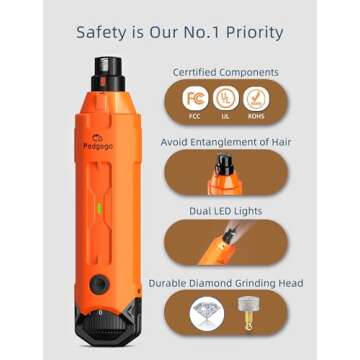 pedgogo Dog Nail Grinder Super Quiet 45 db 6-Speed Pet Nail Grinder with 2 LED Lights 12000RPM & 3 Grinding Ports Dog Nail Trimmer for Large Medium Small Dogs with Dust Cap & 2 Extra Grinding Head