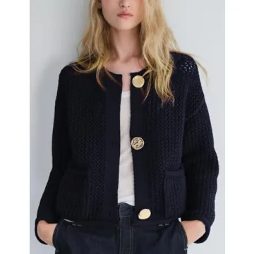 Wyeysyt Womens Cropped Cardigan Sweaters Chunky Knit Gold Button Down Open Front Cardigan Long Sleeve Crop Crochet Sweaters(Navy-L)
