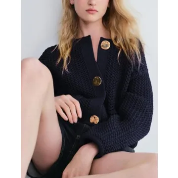 Wyeysyt Womens Cropped Cardigan Sweaters Chunky Knit Gold Button Down Open Front Cardigan Long Sleeve Crop Crochet Sweaters(Navy-L)