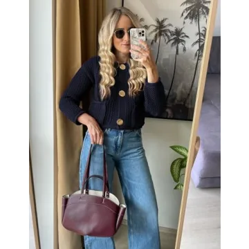 Wyeysyt Womens Cropped Cardigan Sweaters Chunky Knit Gold Button Down Open Front Cardigan Long Sleeve Crop Crochet Sweaters(Navy-L)