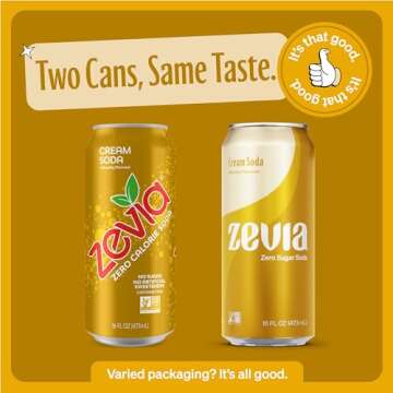 Zevia Zero Sugar Soda, Cream Soda, 16 oz Cans (12-Pack) – Naturally Sweetened, Zero Calorie Sugar Free Soda - Non-GMO Project Verified, Gluten-Free, Vegan