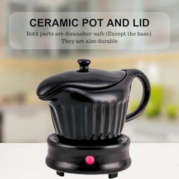OVENTE Electric Gravy Boat Warmer with Ceramic Pot and Lid, Detachable Warming Base and Easy-Pour Spout, 13.5 Ounce Ideal for Small Parties, Entertaining, Thanksgiving and Holiday, Black FW024589B