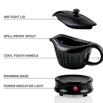 OVENTE Electric Gravy Boat Warmer with Ceramic Pot and Lid, Detachable Warming Base and Easy-Pour Spout, 13.5 Ounce Ideal for Small Parties, Entertaining, Thanksgiving and Holiday, Black FW024589B