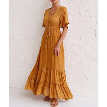 R.Vivimos Womens Summer Cotton Short Sleeve V Neck Floral Print Casual Bohemian Midi Dresses (Small, Ginger)