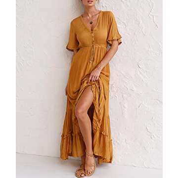 R.Vivimos Womens Summer Cotton Short Sleeve V Neck Floral Print Casual Bohemian Midi Dresses (Small, Ginger)