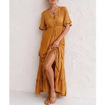 R.Vivimos Womens Summer Cotton Short Sleeve V Neck Floral Print Casual Bohemian Midi Dresses (Small, Ginger)