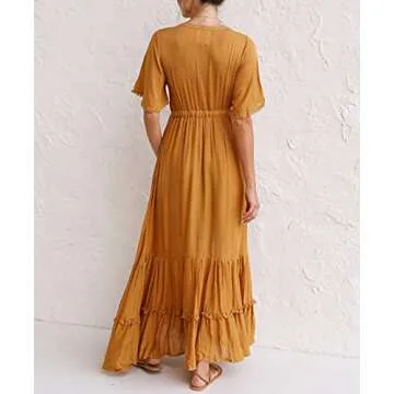 R.Vivimos Womens Summer Cotton Short Sleeve V Neck Floral Print Casual Bohemian Midi Dresses (Small, Ginger)