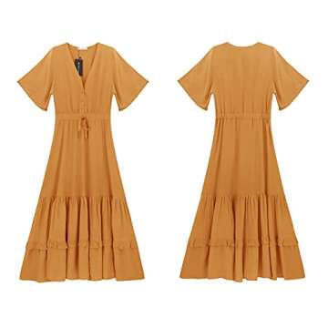 R.Vivimos Womens Summer Cotton Short Sleeve V Neck Floral Print Casual Bohemian Midi Dresses (Small, Ginger)