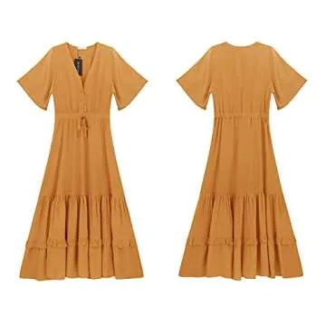 R.Vivimos Womens Summer Cotton Short Sleeve V Neck Floral Print Casual Bohemian Midi Dresses (Small, Ginger)