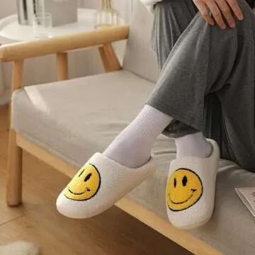 westtele Smile Face Slippers - Retro Soft Plush Slip-Ons for Women/Men Lightweight, Cozy, Indoor/Outdoor with Anti-Skid Sole & Trendy Smile Face Design