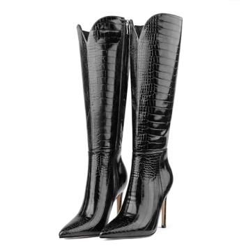 Stylish MERUMOTE Stiletto Knee High Boots for Women - Black Crocodile-print, Comfortable and Fashion...