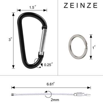 ZEINZE Carabiner Clip 3" Aluminum D-Ring Spring Loaded Gate Small Keychain Carabiners Clip Set for O...