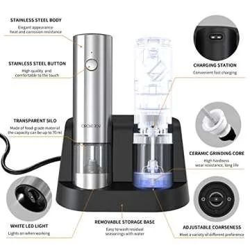 CIRCLE JOY Electric Salt and Pepper Grinder Set Stainless Steel Spice Grinder Automatic Pepper Mills with Easy-to-Carry Dual Charging Station, White Led Light, and Adjustable Coarseness, Silver