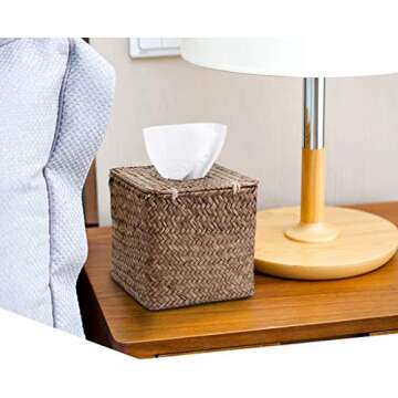 Sumnacon Tissue Box Cover Square Seagrass Tissue Box with Lid, Woven Tissue Box Holder Rustic Cube T...