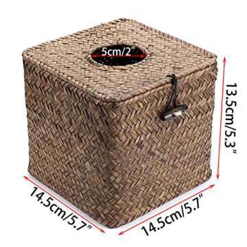 Sumnacon Tissue Box Cover Square Seagrass Tissue Box with Lid, Woven Tissue Box Holder Rustic Cube Tissue Cover for Bathroom Toilet Bedroom Living Room Kitchen Table Desk Office Car, Coffee