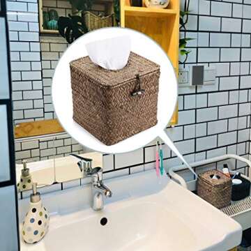 Sumnacon Tissue Box Cover Square Seagrass Tissue Box with Lid, Woven Tissue Box Holder Rustic Cube Tissue Cover for Bathroom Toilet Bedroom Living Room Kitchen Table Desk Office Car, Coffee