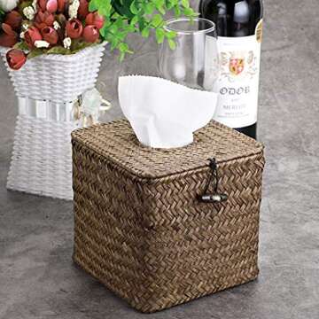 Sumnacon Tissue Box Cover Square Seagrass Tissue Box with Lid, Woven Tissue Box Holder Rustic Cube Tissue Cover for Bathroom Toilet Bedroom Living Room Kitchen Table Desk Office Car, Coffee