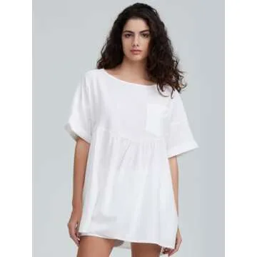 EXLURA Womens Short Sleeve Summer Tops Casual Loose Maternity Babydoll Peplum Tops Oversized Shirts Tunic 2025 White
