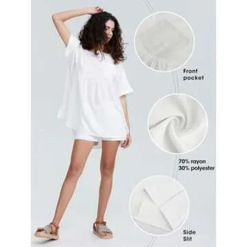 EXLURA Womens Short Sleeve Summer Tops Casual Loose Maternity Babydoll Peplum Tops Oversized Shirts Tunic 2025 White