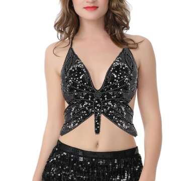 Mocure Women's Sparkly Butterfly Sequin Crop Top - Trendy Halter for Rave Outfits