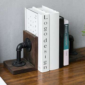 MyGift Book Ends,Bookends for Shelves,Metal Bookends for Heavy Books,Wood Decorative Book Stopper,wi...
