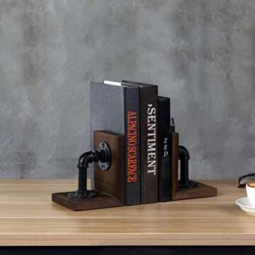 MyGift Industrial Pipe Book Ends with Decorative Wood