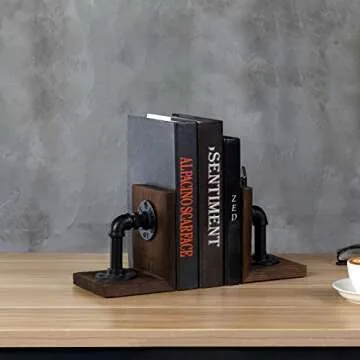 MyGift Industrial Pipe Book Ends with Decorative Wood