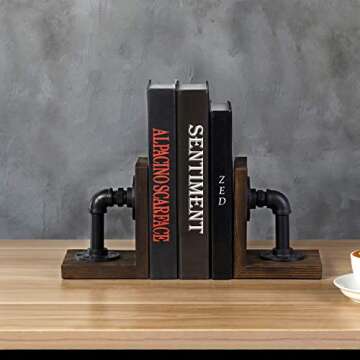 MyGift Industrial Pipe Book Ends with Decorative Wood