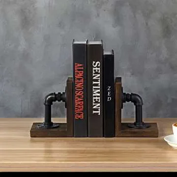 MyGift Industrial Pipe Book Ends with Decorative Wood