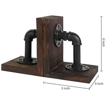 MyGift Industrial Pipe Book Ends with Decorative Wood