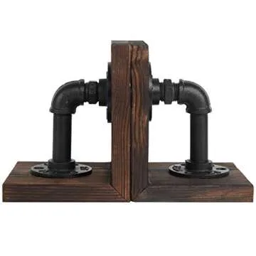 MyGift Industrial Pipe Book Ends with Decorative Wood